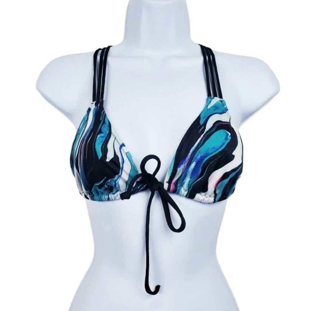 VS Pink Blue Black Swirl Print Strappy Macrame Back Swimsuit Bikini Top Size S